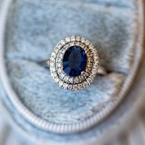 .925 Sterling Silver Adjustable Double Halo pave cz & cz Sapphire ring